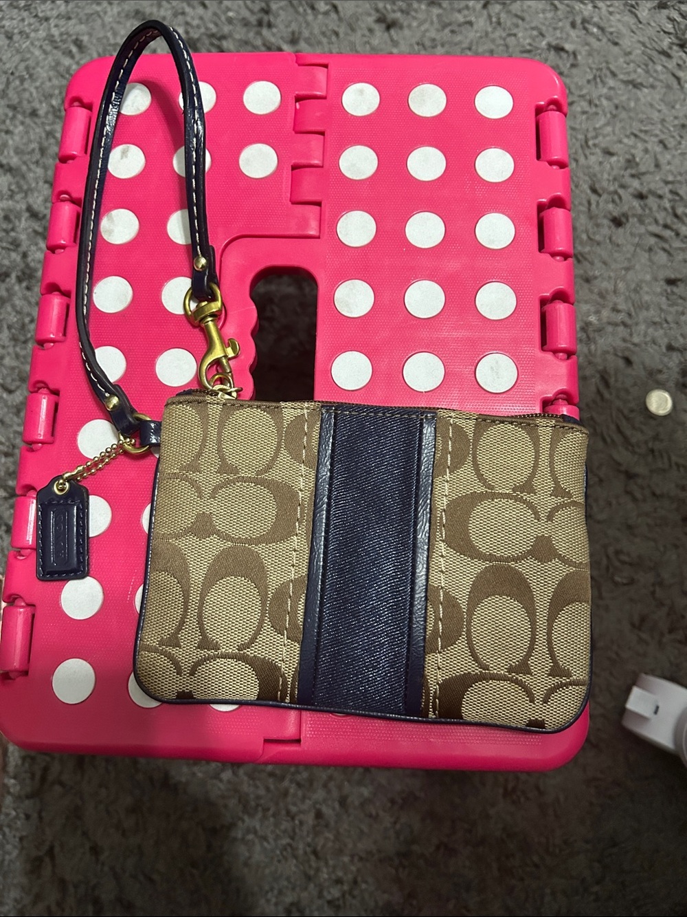 Coach Tan Signature Canvas Wristlet with Navy Blue Stripe